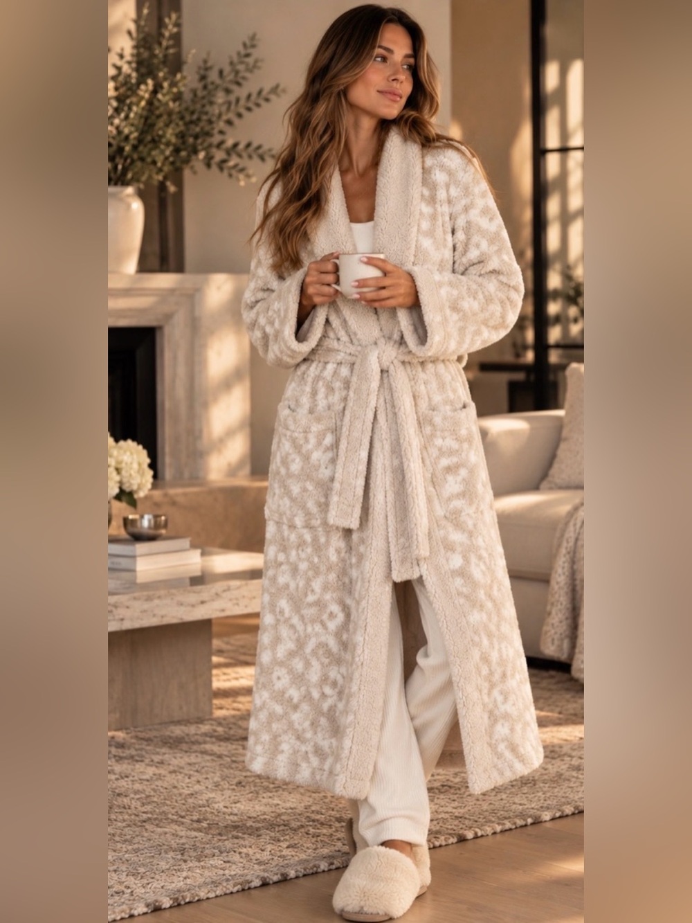 Gable & Belle Size S Cream Leopard Plush Sherpa Robe Cozy Belted Lounge Robe